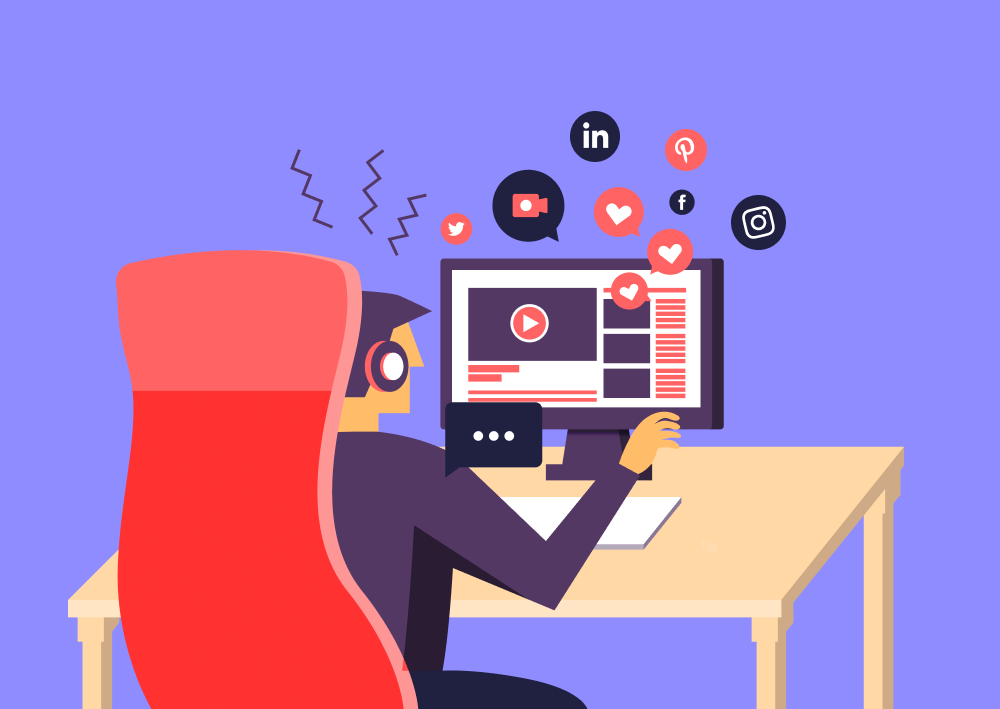 Illustration of a man sitting in front of a computer with notifications (Thumbnail)