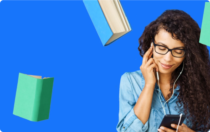 Blinkist Hero Woman in Blue Background with books floating