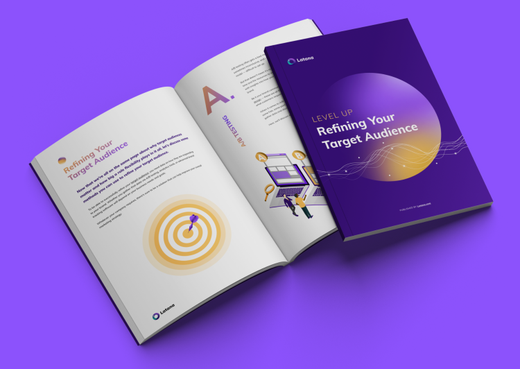 Purple book with a title of LEVEL UP: Refining Your Target Audience on a yellow background