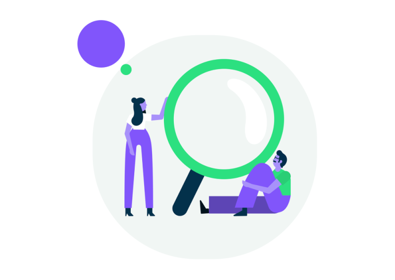 Round framed illustration of a man and a woman next to magnifying glass