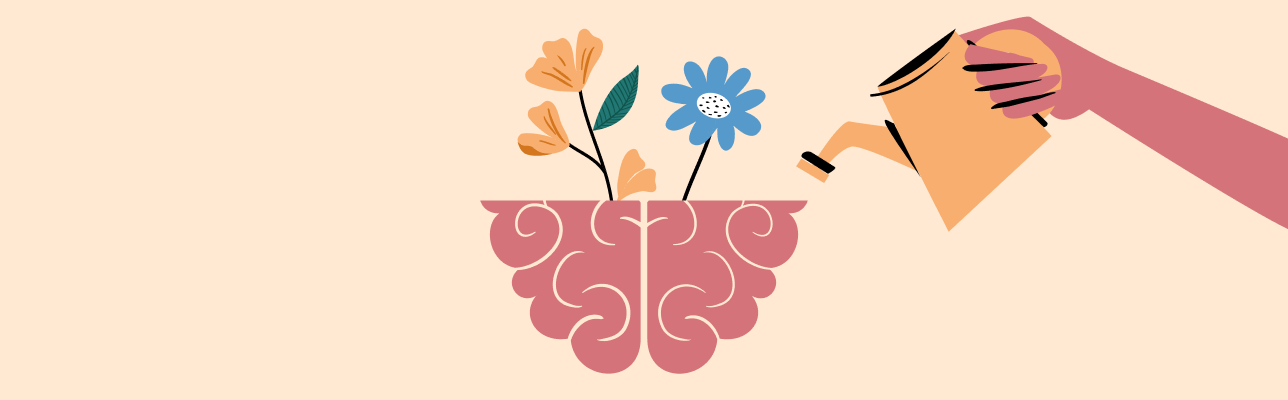 Illustration of a person watering flowers with a brain [cover image]