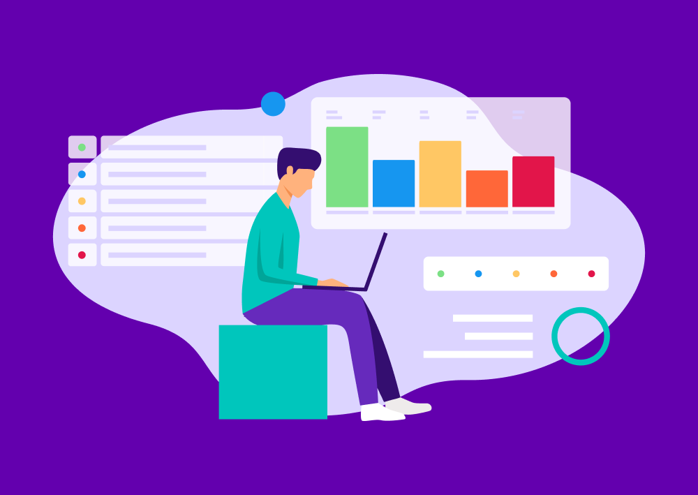 Illustration of a man sitting with a laptop and charts in the background (Thumbnail)