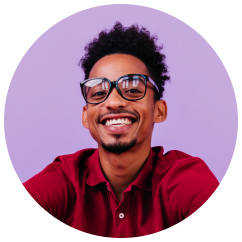 Woman wearing purple headphones in round frame