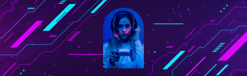 Photo of a women with headphones on and a game controler