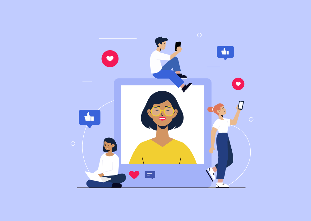 Illustration of a woman on a screen surrounded by people (Thumbnail)