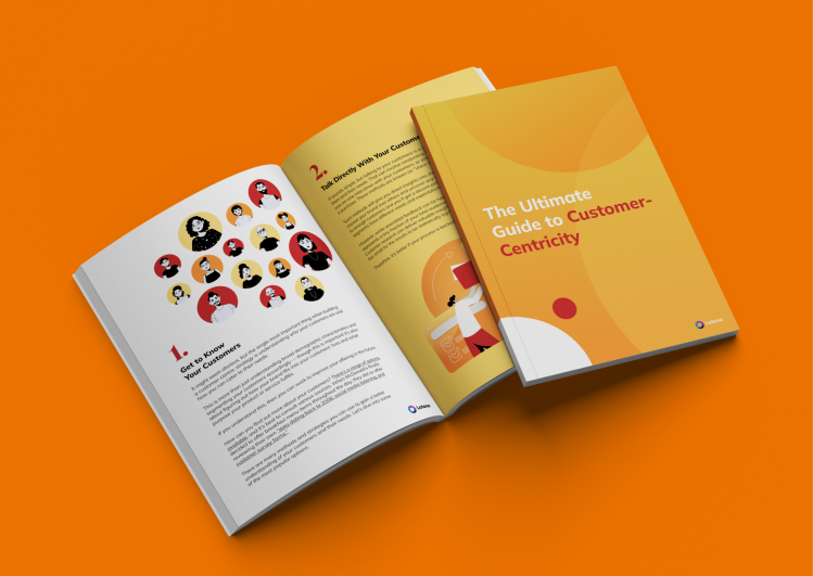 Orange yellow book with tittle The ultimate Guide to Customer-Centricity in orange background