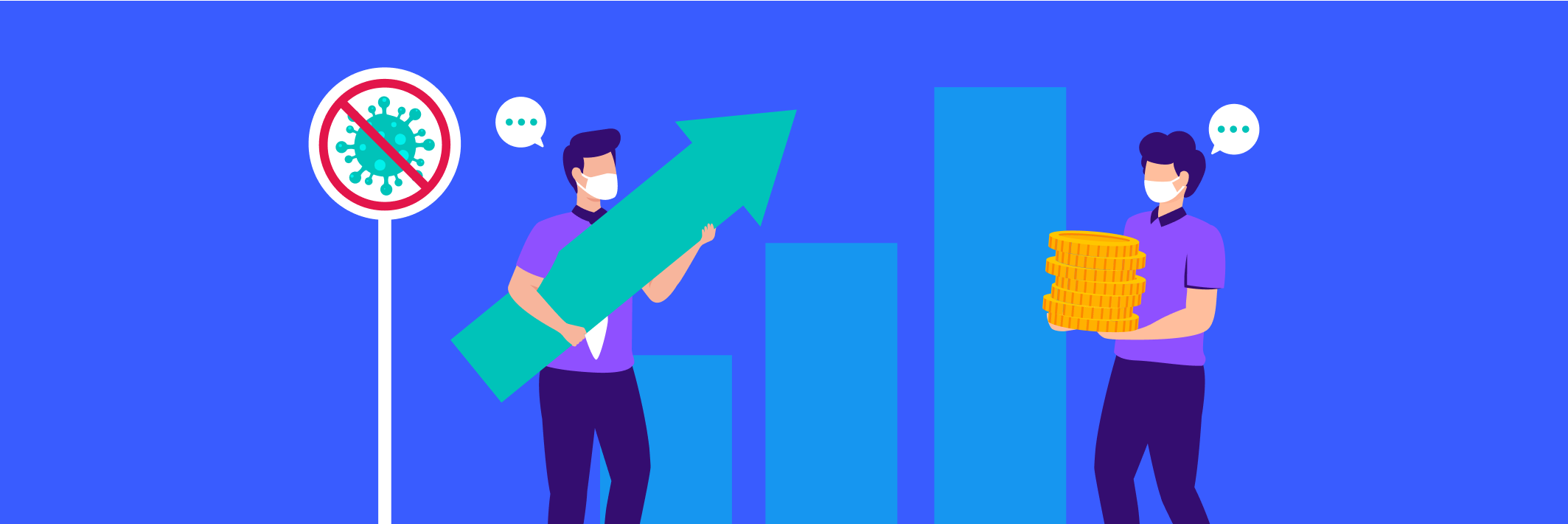 Image of a bar chart and two men wearing masks 