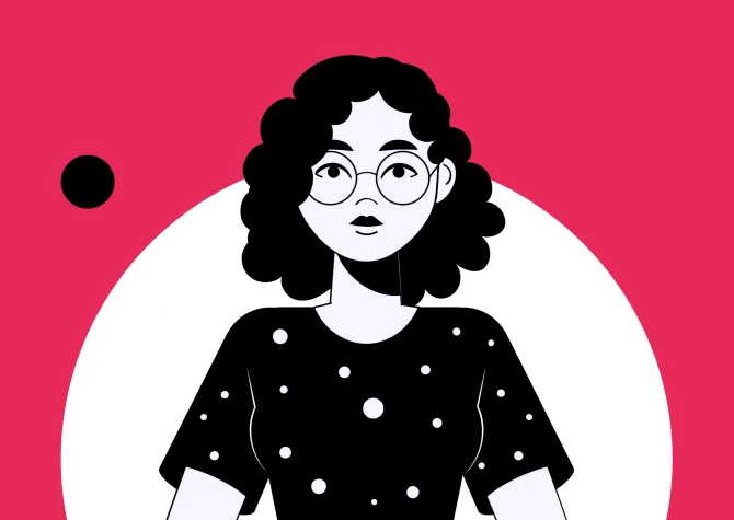 Illustration of a girl with glasses and curly hair in fuchsia background 