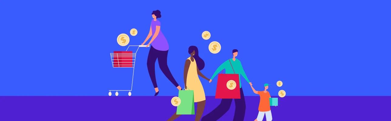 Illustration of four people shopping with coins floating (Cover Image)
