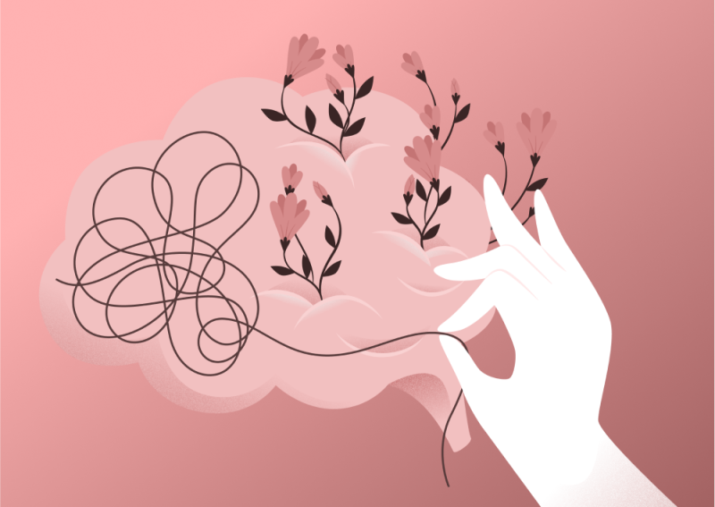 Image of a brain with flowers and a hand [Thumbnail]