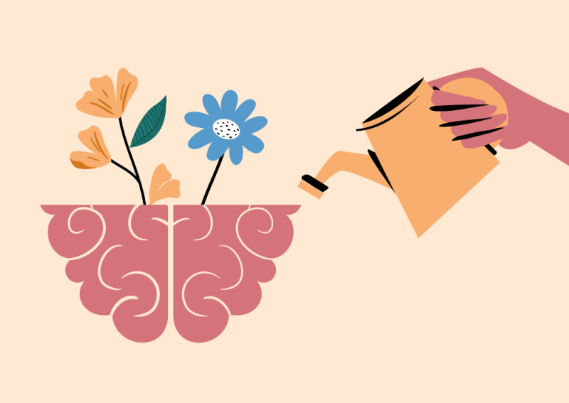 Illustration of a person watering flowers with a brain [Thumbnail]