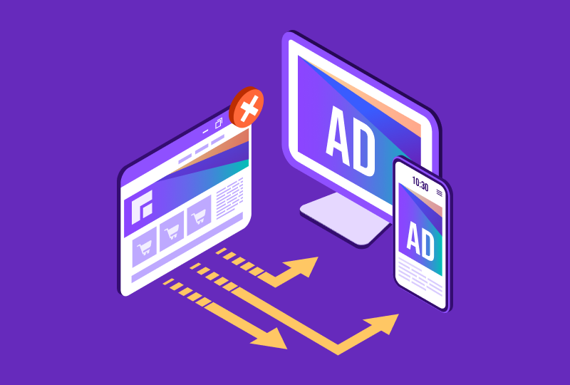 Illustration of three screens with ads