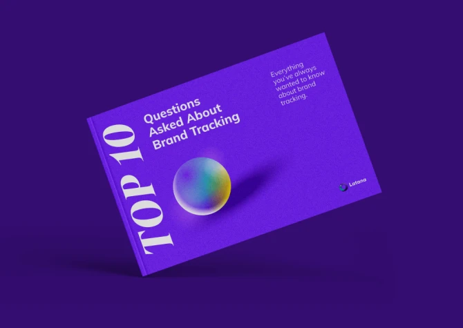 Purple book with title of TOP 10 Questions asked about brand tracking on a purple background