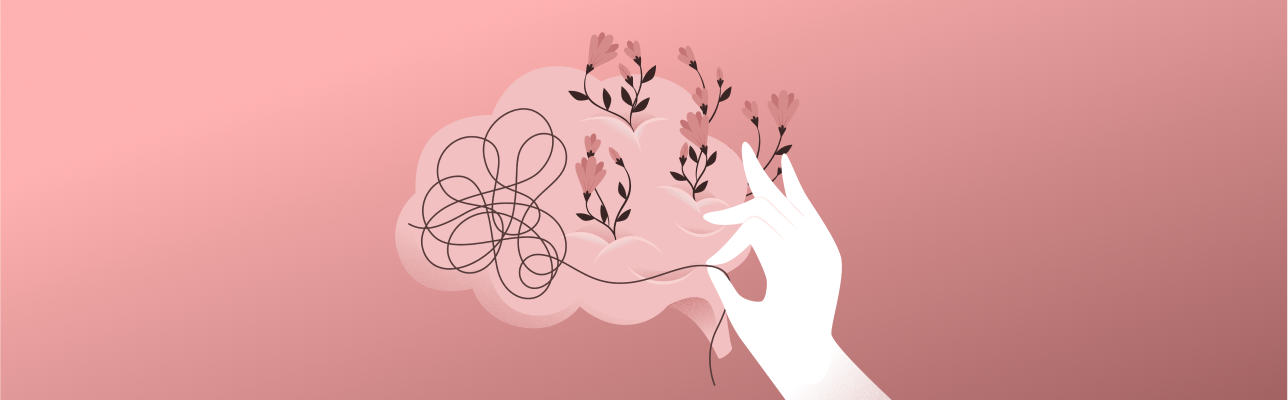 Image of a brain with flowers and a hand [Cover Image]