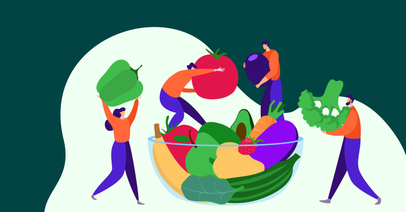 Illustration of people putting huge vegetables in a bowl (Hero Image)
