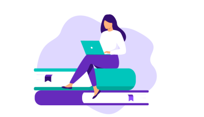 Illustration with a woman sitting and working on a laptop