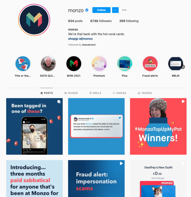 Screenshot of Monzo Instagram