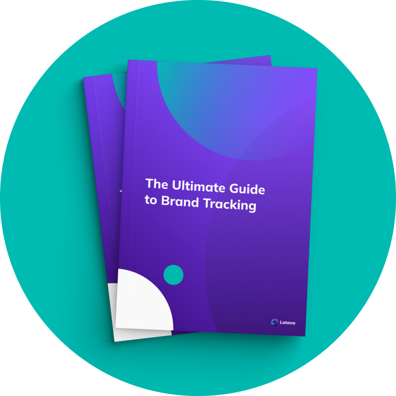 Round framed purple stacked books with the title of The Ultimate Guide to Brand Tracking