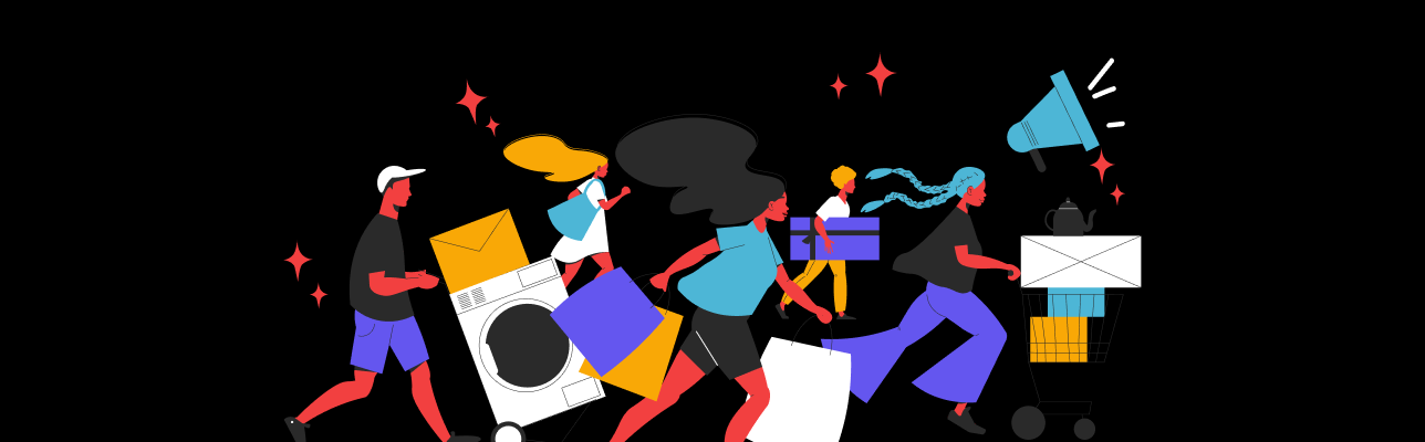 Cover illustration of a black Friday rush for sales items