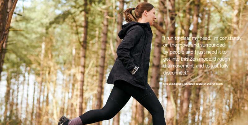 Lululemon ad of a woman running in the woods