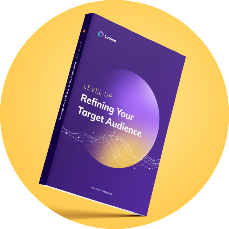 Round framed purple book with title of Level Up : Refining Your Target Audience on a yellow background