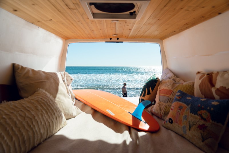 Photo of the ocean from inside a van