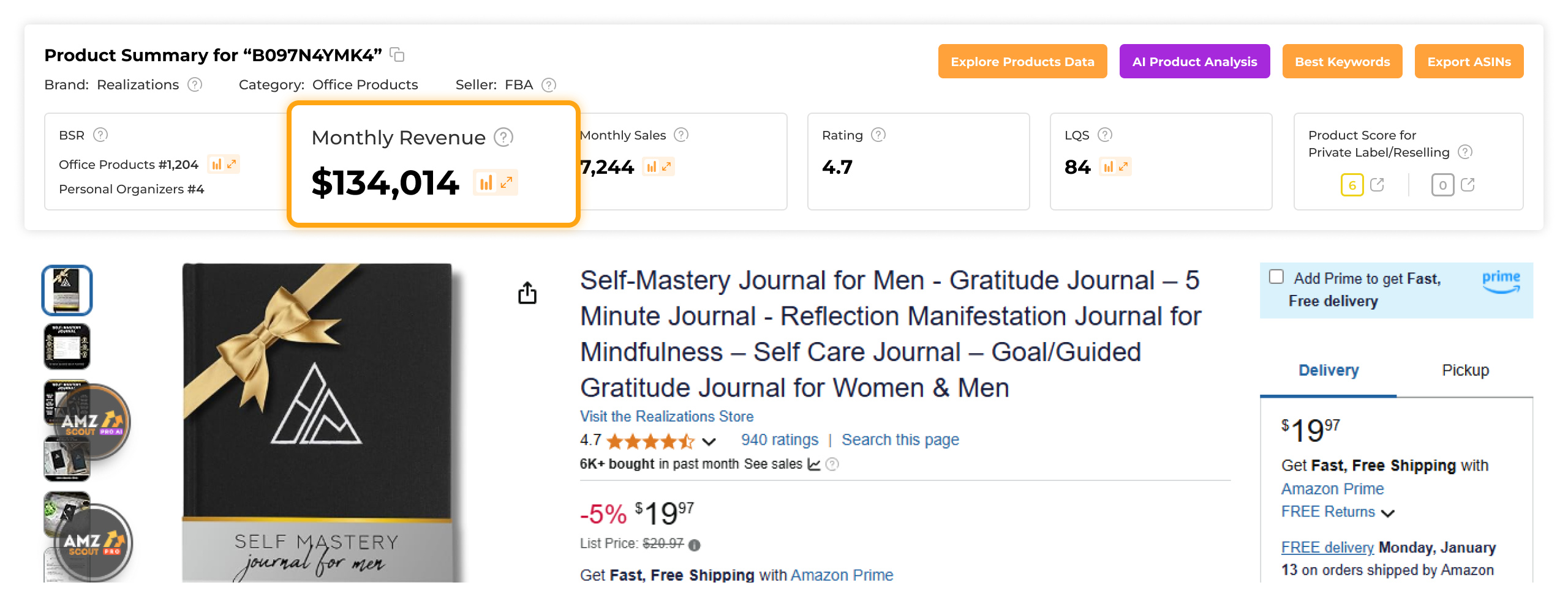 Monthly revenue of mental health and productivity tools based on AMZScout Pro AI 
