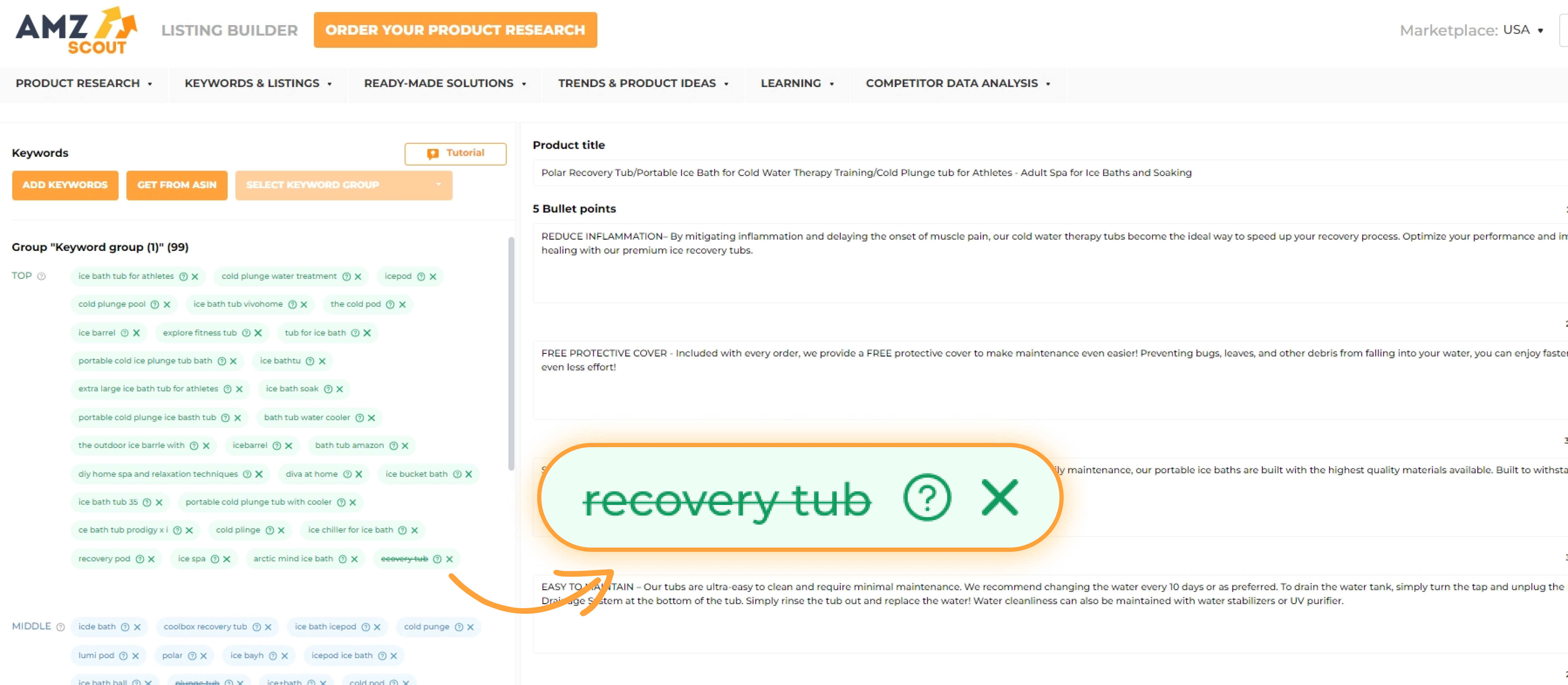 Crossed out keywords in the Listing Builder
