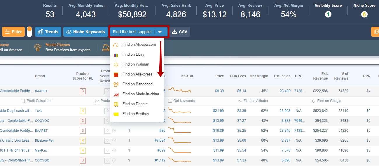 Find the best supplier button in AMZScout PRO Extension