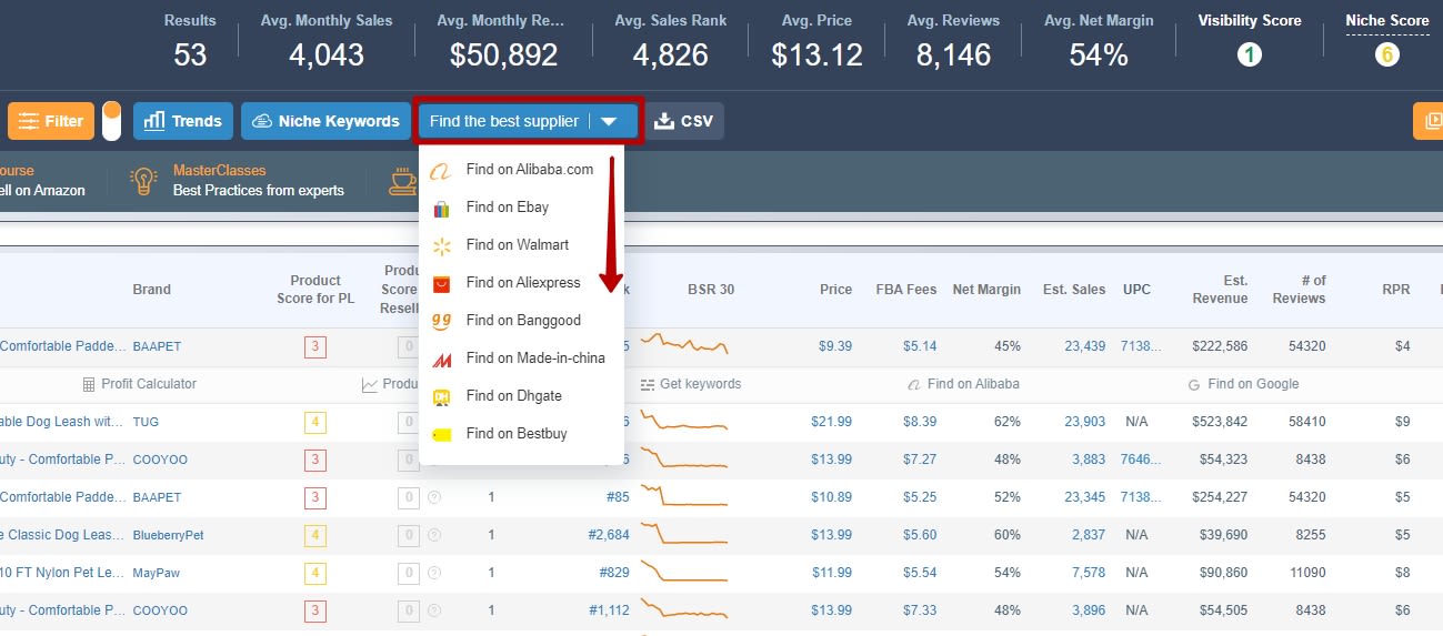 Find the best supplier button Find the best supplier button in AMZScout PRO Extension