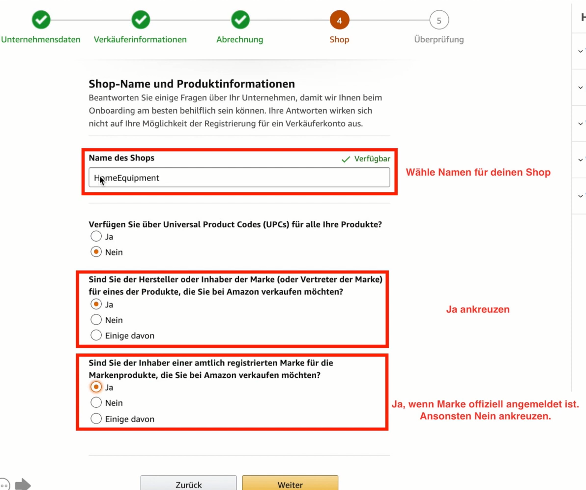Formular für die Geschäftsinformationen zur Amazon-Verkäuferregistrierung