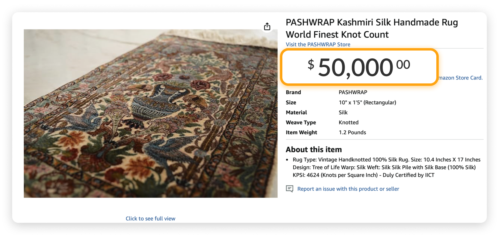 Most Expensive Items on Amazon: Product 9: PASHWRAP Kashmiri Silk Handmade Rug World Finest Knot Count 
