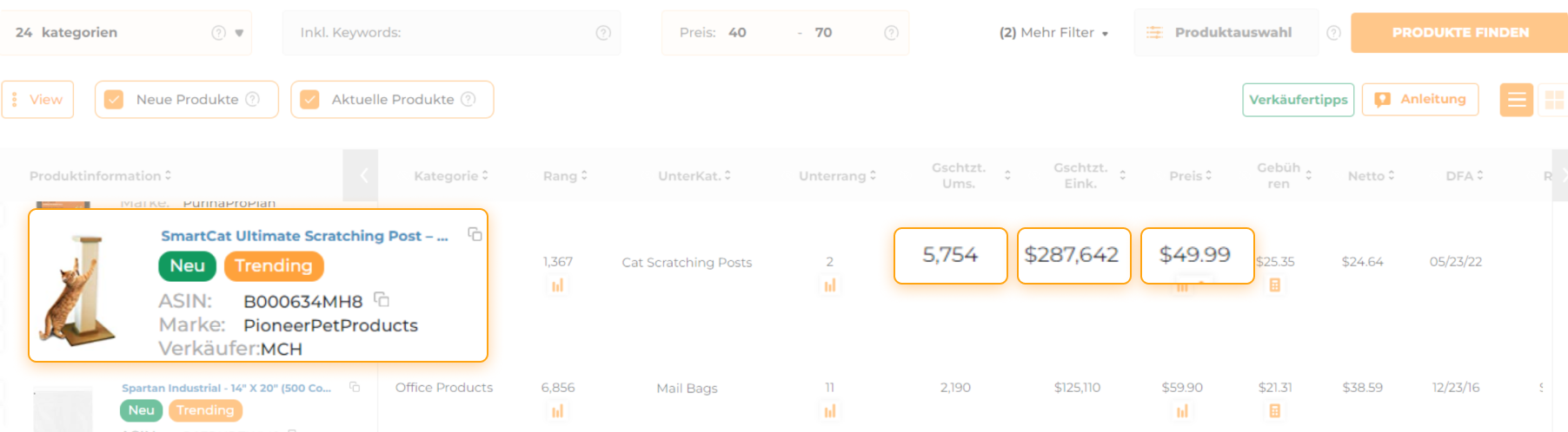 Überprüfen Sie die Ergebnisse der Produktdatenbank