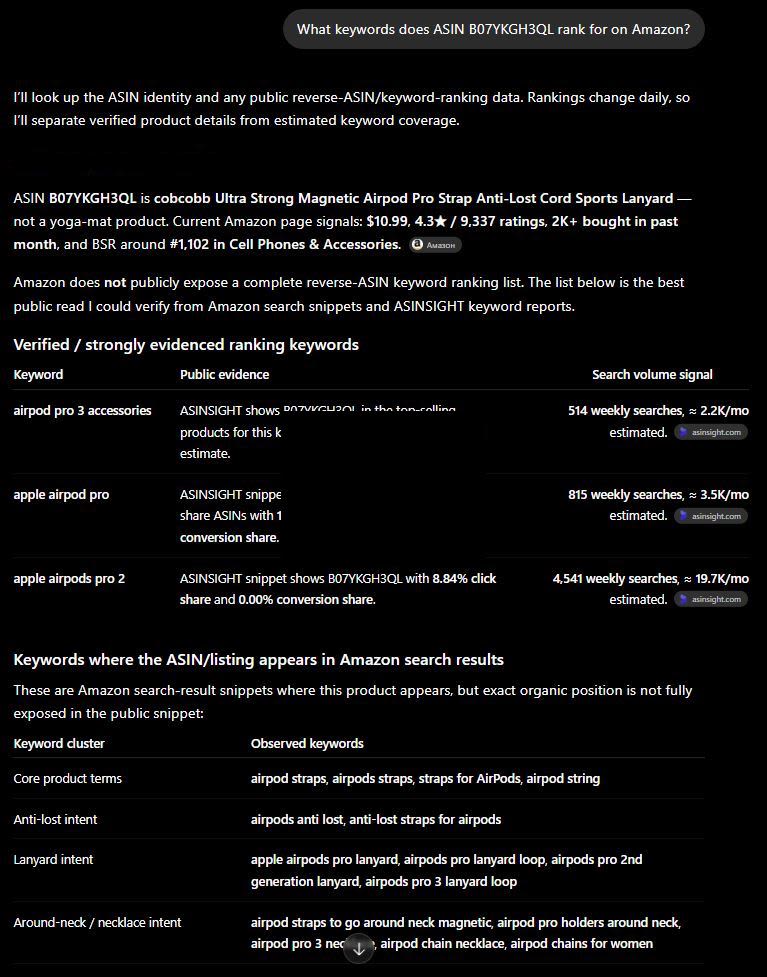 ChatGPT Pro: verified keywords table from ASINSIGHT data + keyword clusters from Amazon search snippets — the most it could extract from public sources. ChatGPT Pro: verified keywords table from ASINSIGHT data + keyword clusters from Amazon search snippets — the most it could extract from public sources.