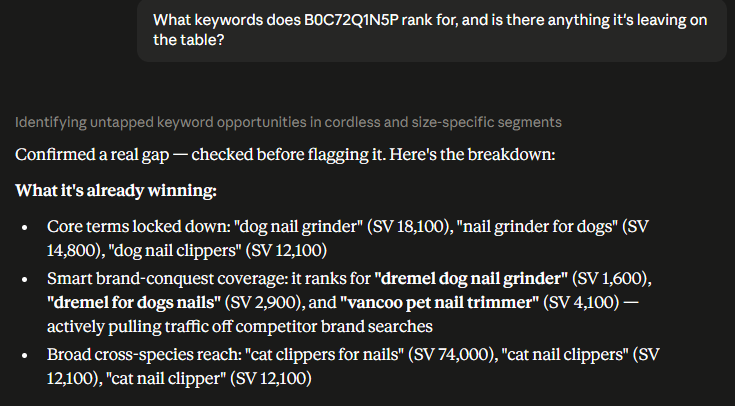Keyword coverage and gap analysis for ASIN B0C72Q1N5P, via AMZScout Skill+MCP — the same job Reverse ASIN Lookup does directly on AMZScout. Keyword coverage and gap analysis for ASIN B0C72Q1N5P, via AMZScout Skill+MCP — the same job Reverse ASIN Lookup does directly on AMZScout.