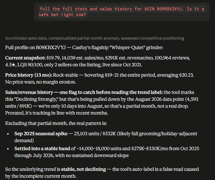 Full profile and sales history for ASIN B09KBX2VYJ, with Claude catching its own tool's mislabeled trend.
