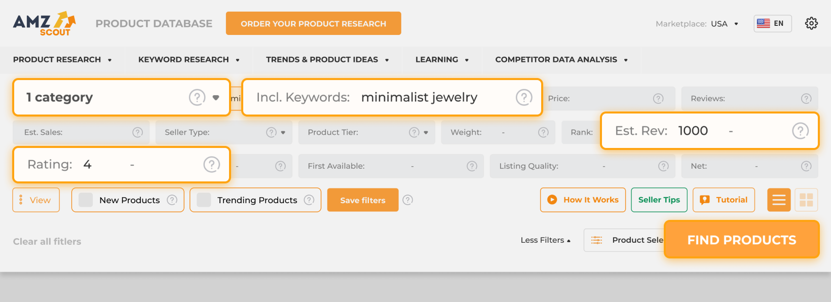 Product Database filters jewelry, category, keywords, estimated revenue, rating