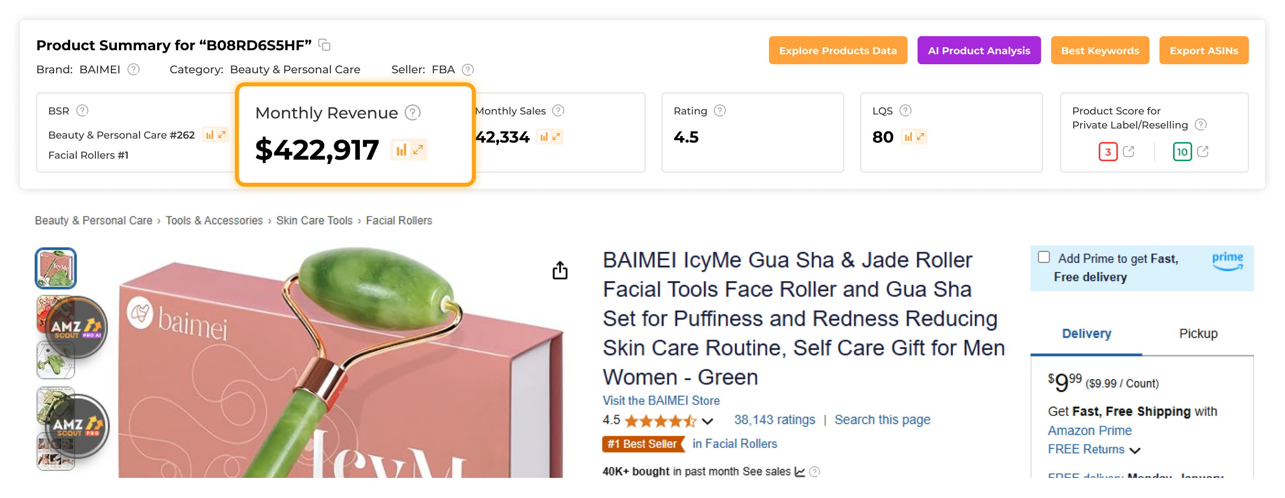 Monthly revenue of skincare products based on AMZScout Pro AI 