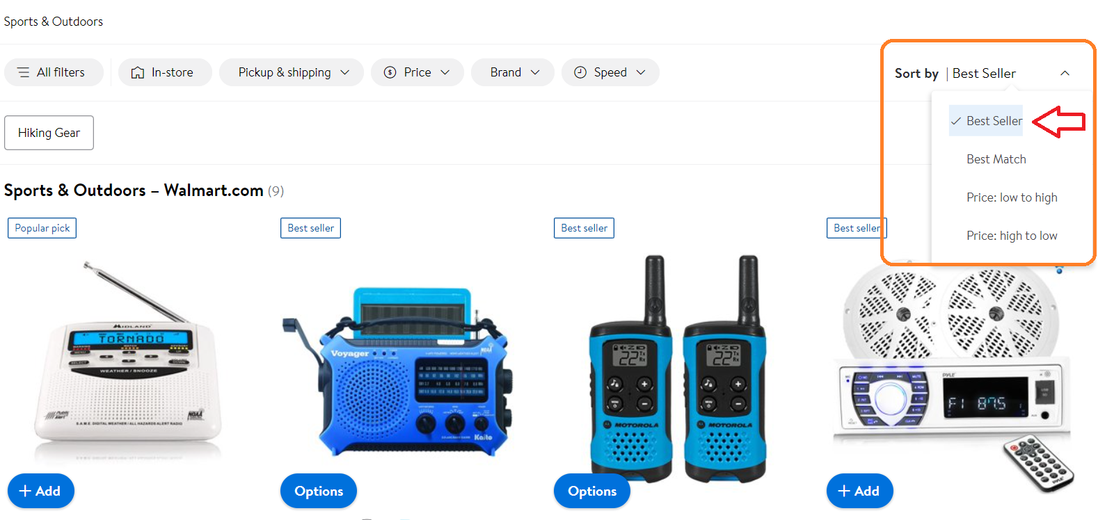 Sort by best seller on Walmart