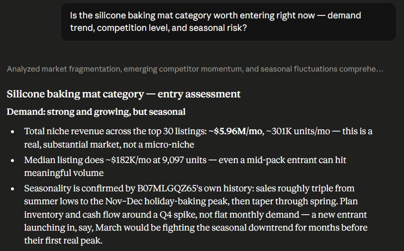 Category-level demand and revenue data via AMZScout Skill+MCP.
