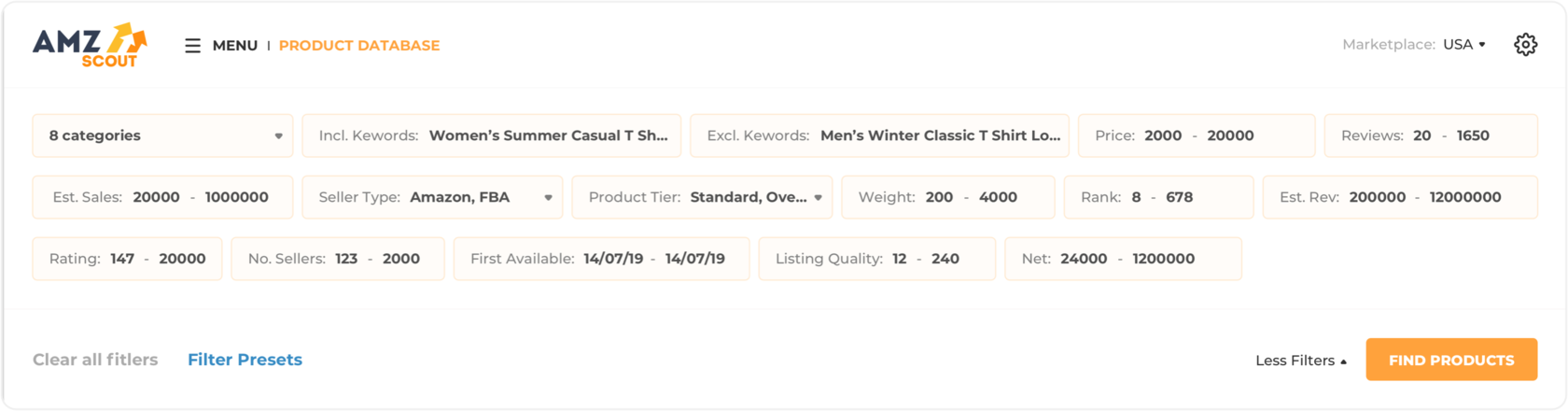 How to set filters on AMZScout Product Database to find a product to sell on Amazon