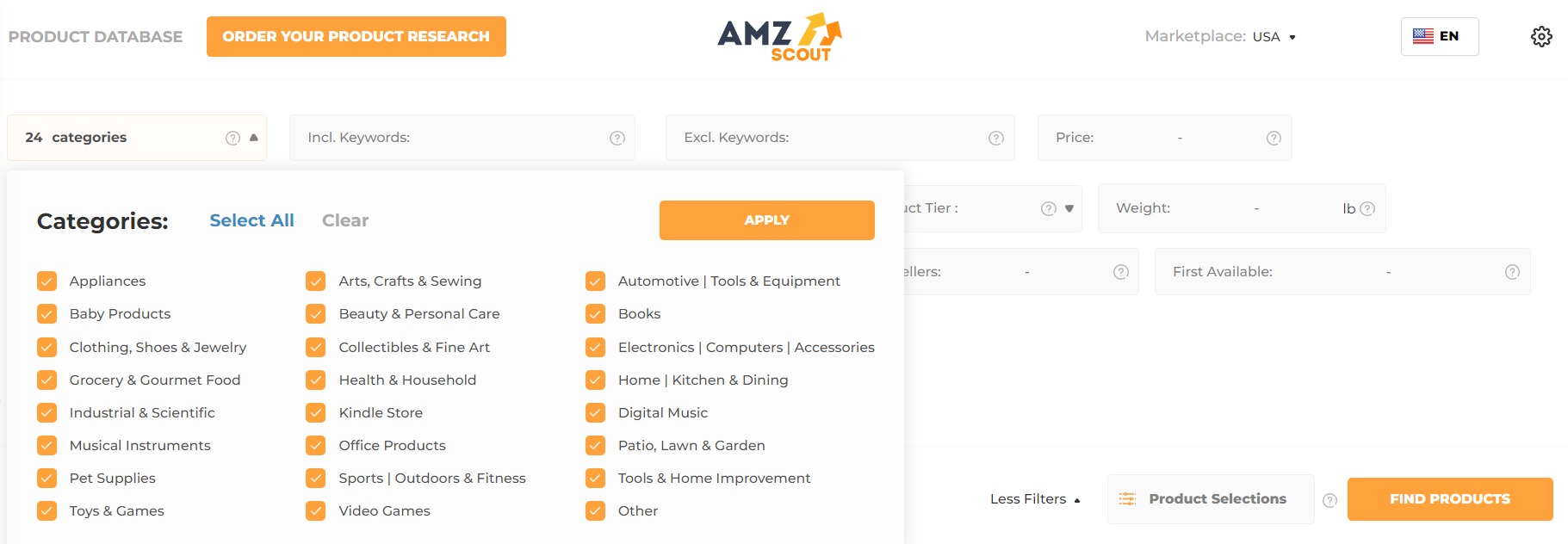 AMZScout Product Database Categories filter