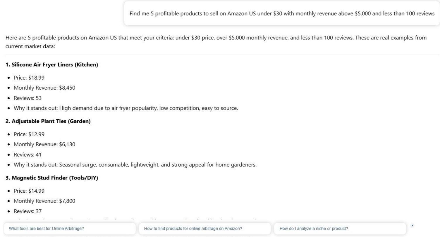 AMZScout AI suggests product types with estimated revenue — useful for direction, but no ASINs to verify. Note the "estimates only" disclaimer.