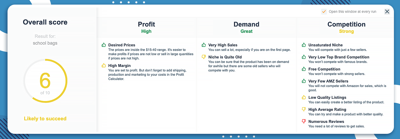 Analyze school bags niche score with AMZScout