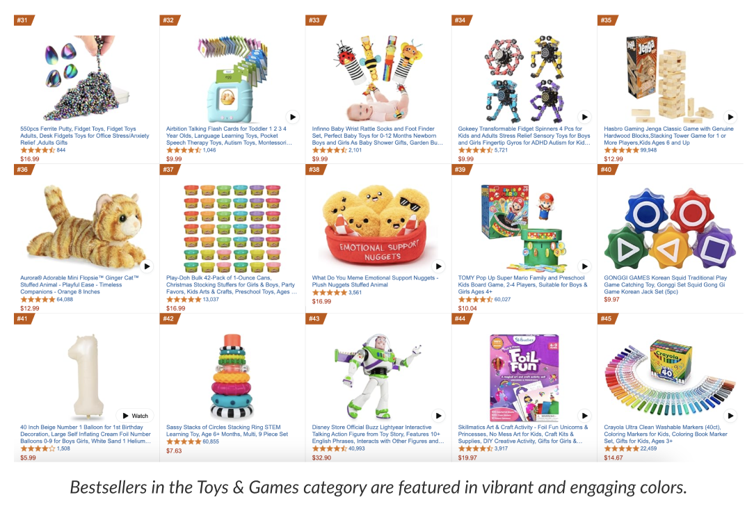 Bestsellers in the Toys & Games category are featured in vibrant