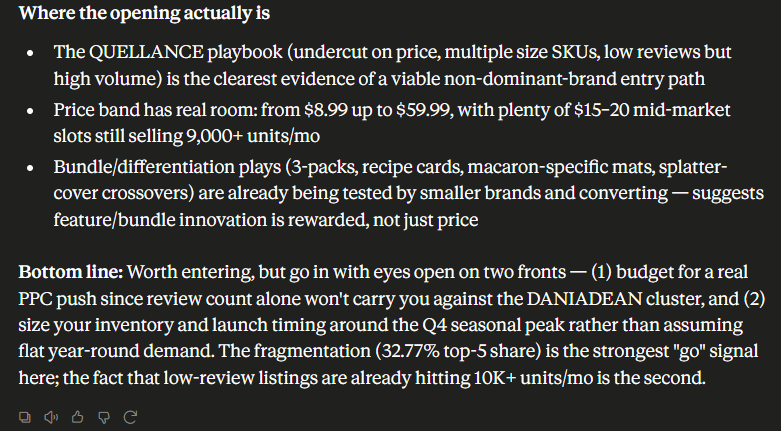 The agent's bottom-line read on whether the category is worth entering.