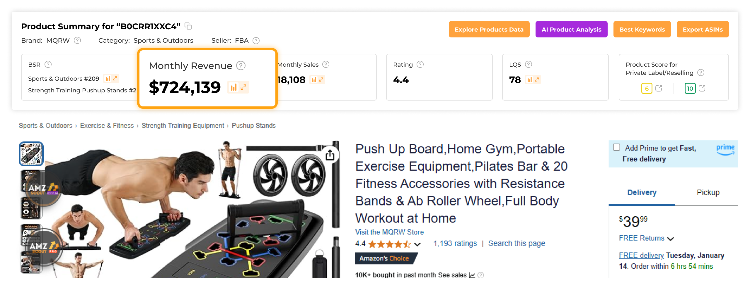 Monthly revenue of fitness and workout gear products based on AMZScout Pro AI 