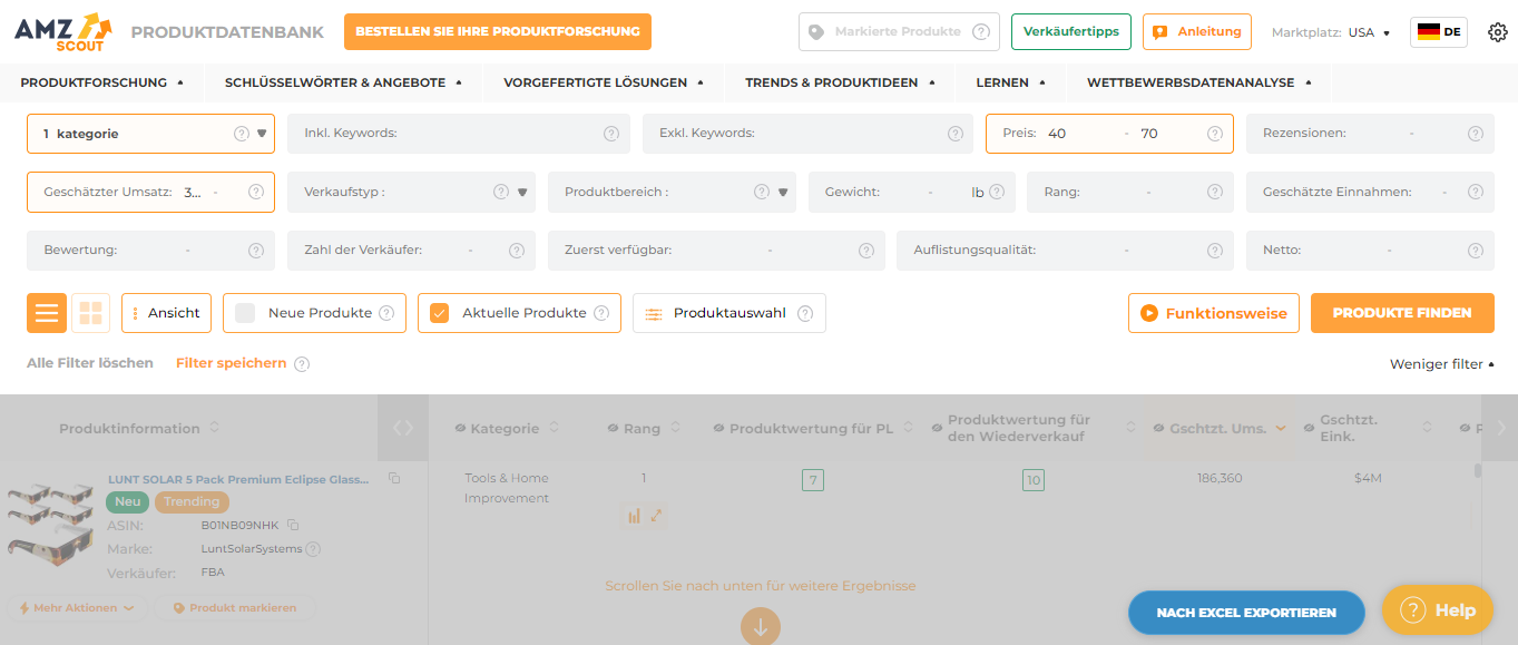 So finden Sie Produkte mit der AMZScout-Produktdatenbank