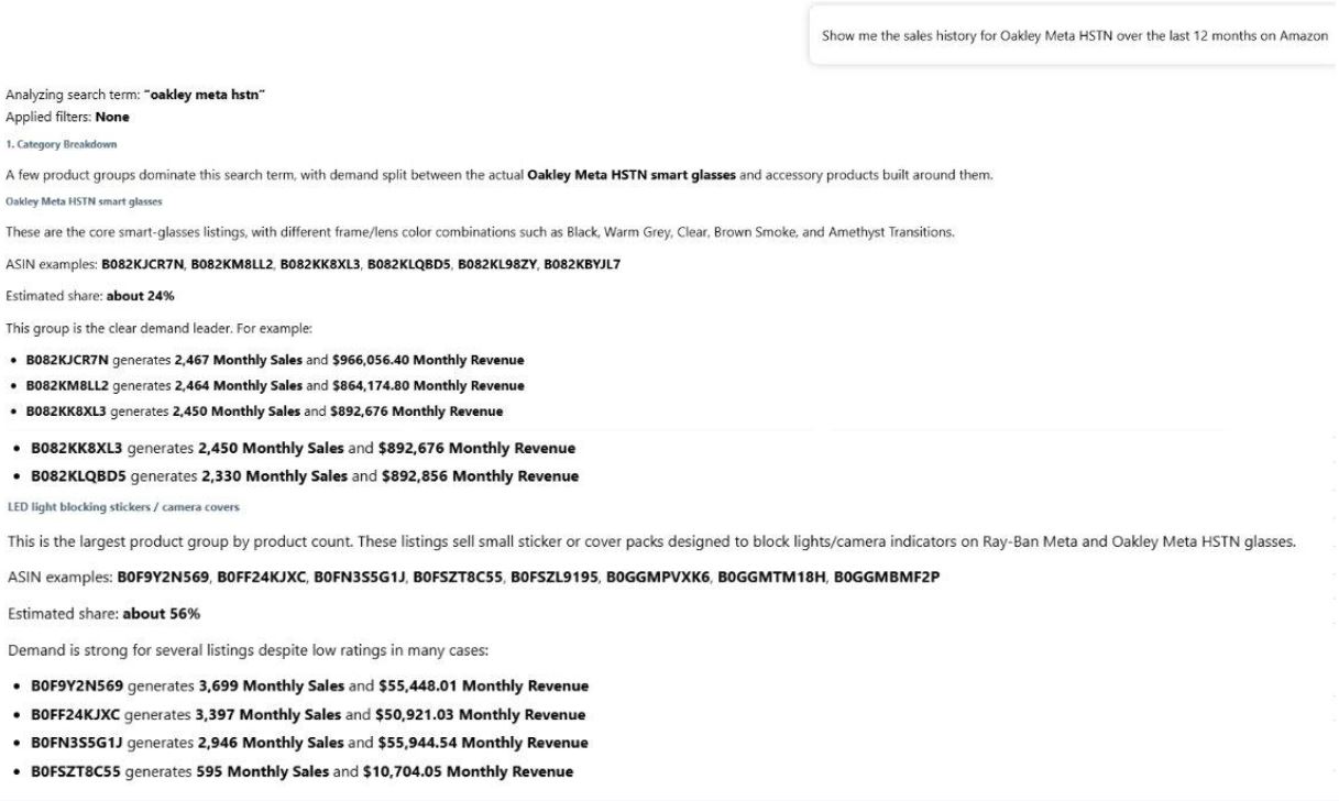 AMZScout AI: demand split by product group, per-ASIN sales, revenue, and share.