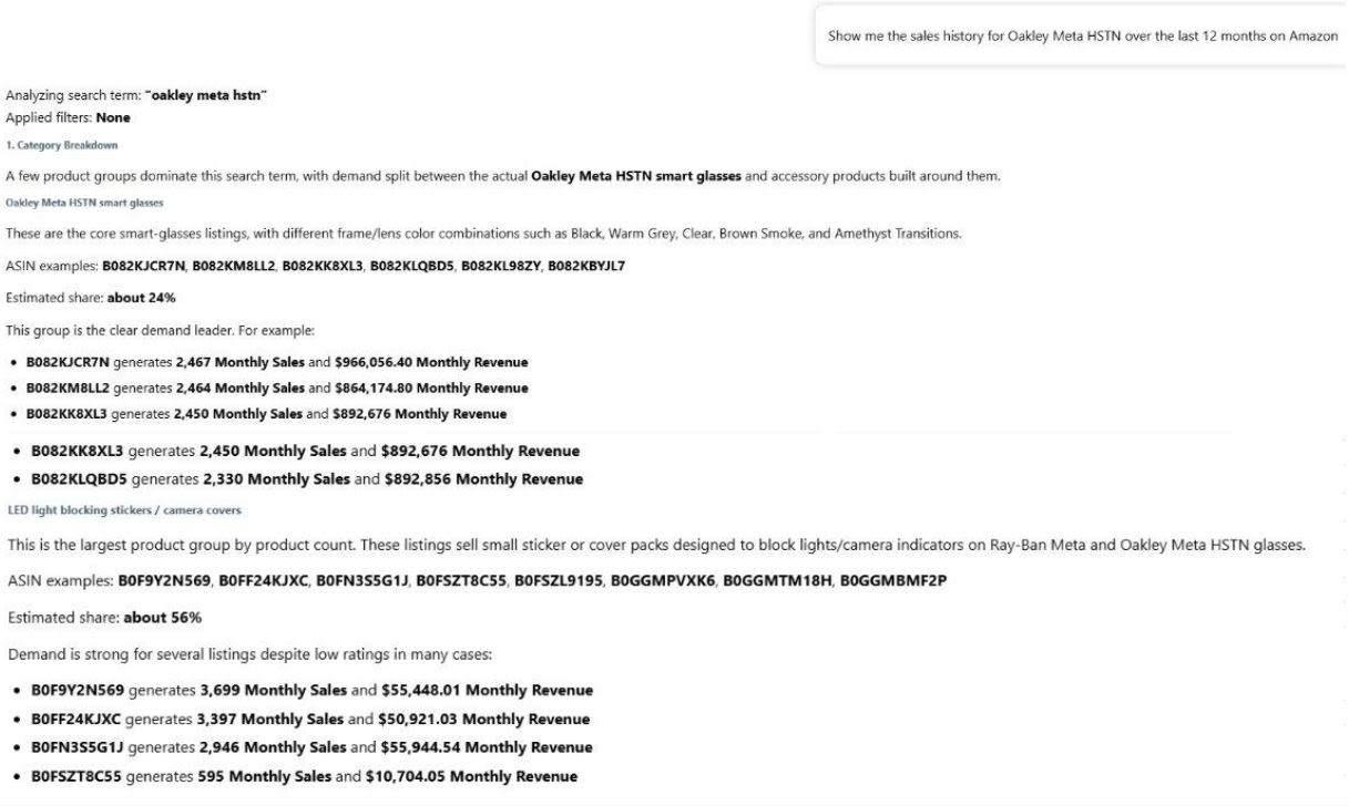 AMZScout AI: demand split by product group, per-ASIN sales, revenue, and share. AMZScout AI: demand split by product group, per-ASIN sales, revenue, and share.